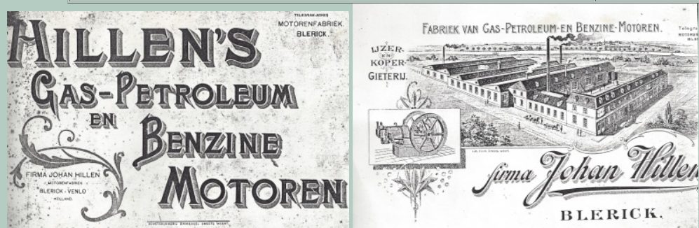 Advertentie voor ‘Hillen’s Gas-, Petroleum- en Benzine Motoren’ en de IJzer- en Kopergieterij, firma Johan Hillen, Bleri