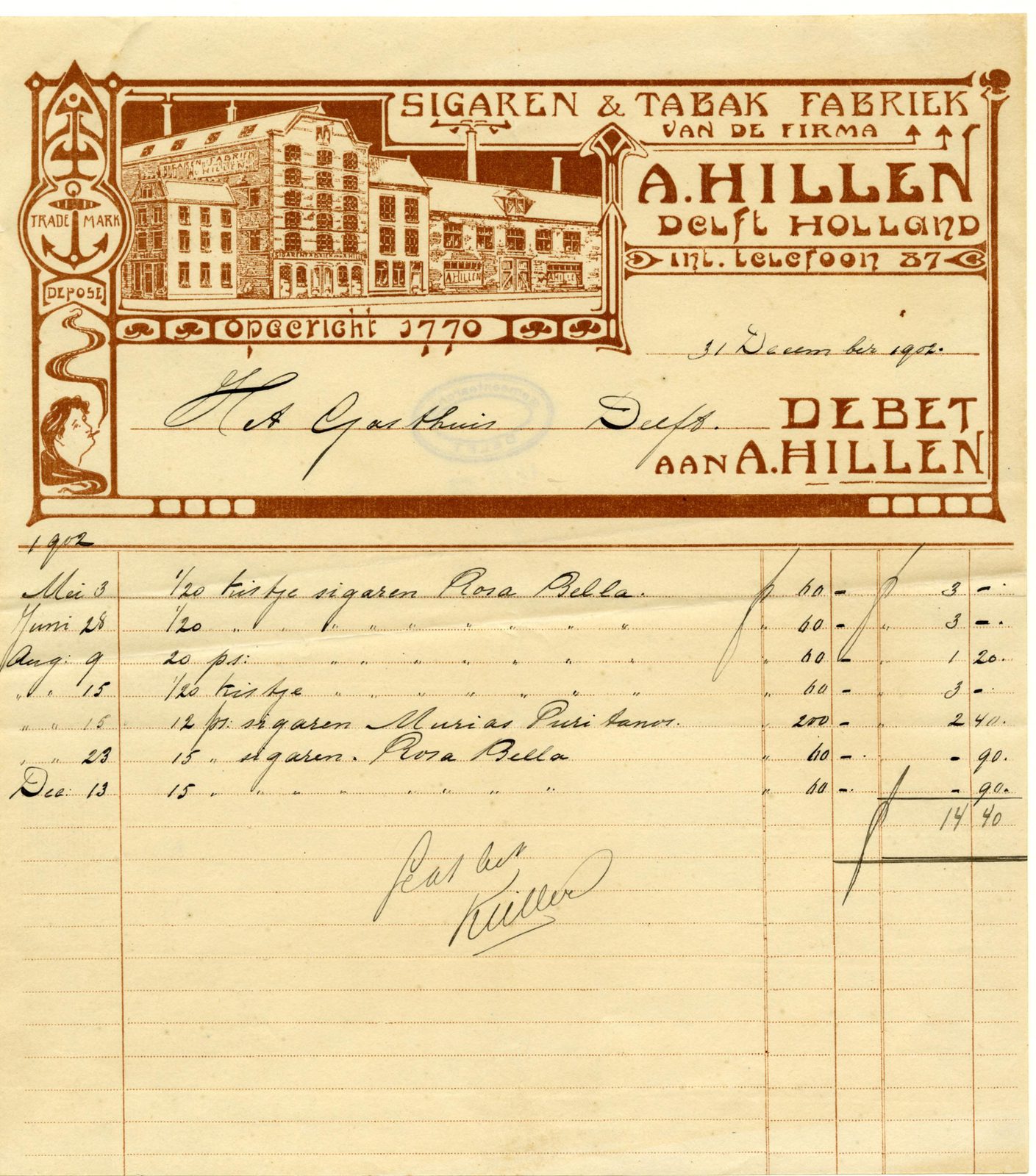 Originele factuur van ‘A. Hillen, Delft Holland’, gedateerd 31 december 1902, gericht aan ‘Het Gasthuis, Delft’ — met ee