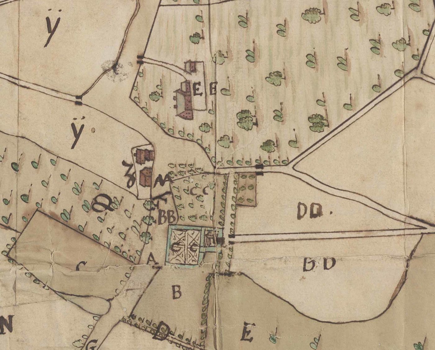 Handgetekende kaart uit 1727 van Groot en Klein Paarlo, met een omgracht terrein, siertuin en gebouwen.
