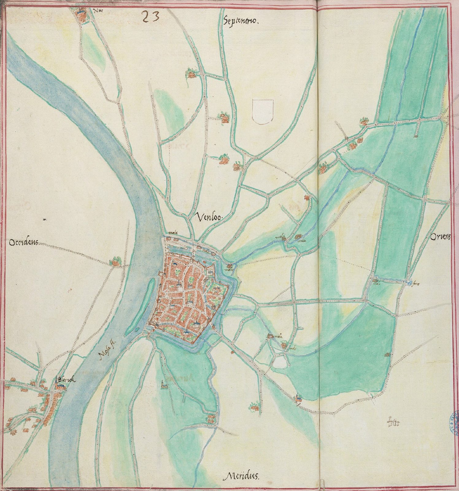 Handgetekende kaart van Venlo en Blerick door Jacob van Deventer, 1545: de ommuurde stad Venlo in het midden, de Maas en linksonder het dorpje Blerick.