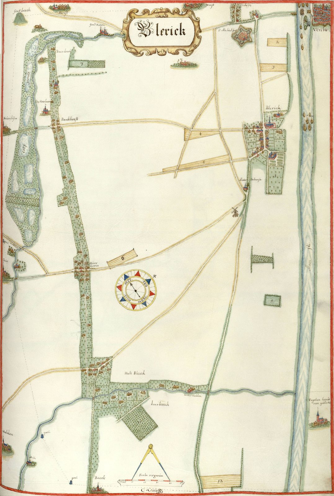 Kaart van Blerick en omstreken uit 1677 door Cornelis Lowis: het dorp Blerick langs de Maas, Venlo rechtsboven, Hout-Blerick en Baarlo verder naar beneden.