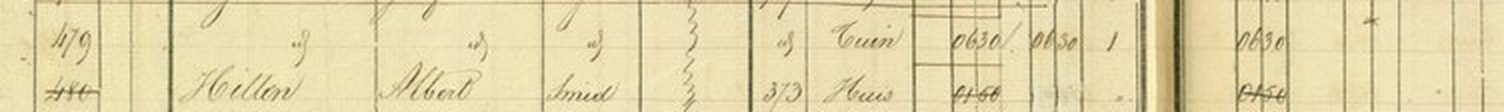 Regel uit de oorspronkelijk aanwijzende tafel van 1832: perceel 480, Hillen, Albert, smid, artikel 373, huis.