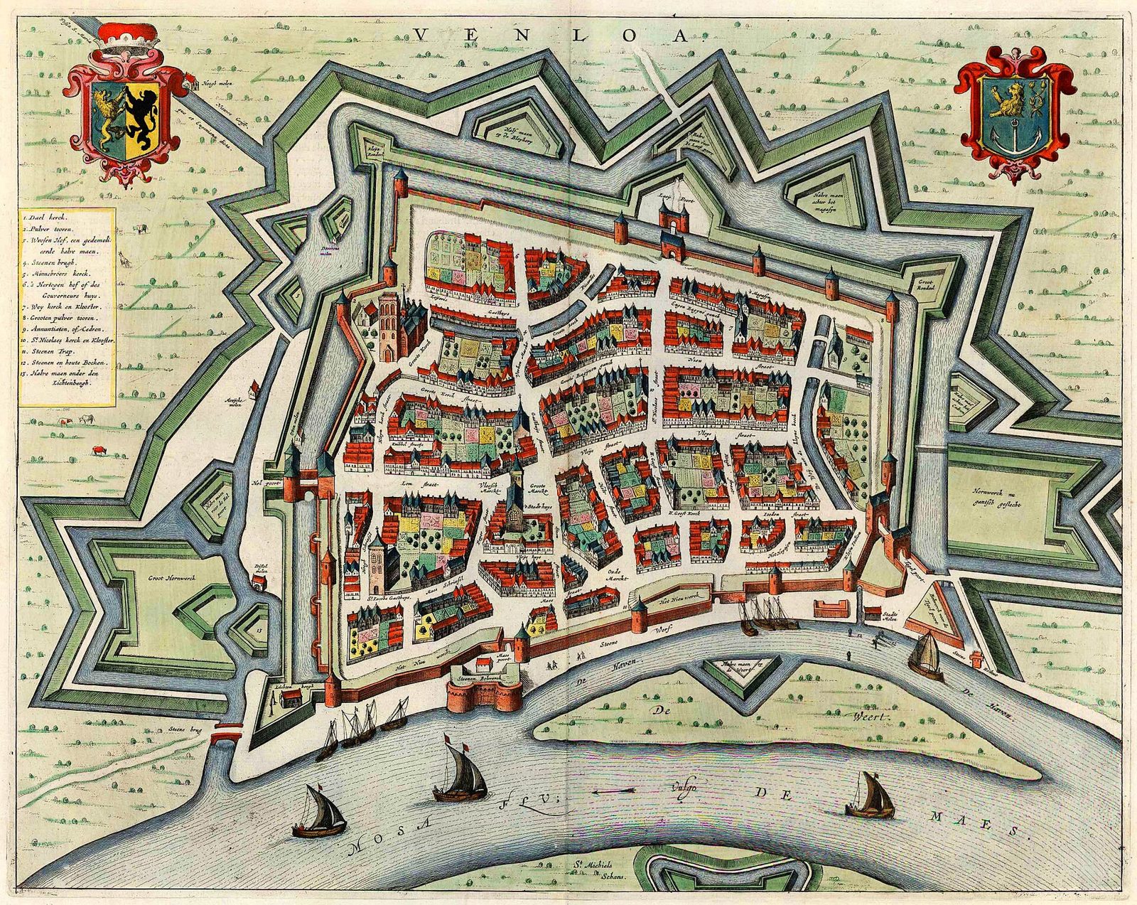 Gekleurde plattegrond van Venlo uit Blaeu's Toonneel der steden, 1652, met onderaan de Maas en de Sint-Michielsschans.