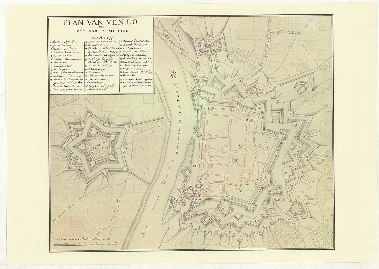Plan van Venlo en het Fort St. Michiel, ca. 1751: links het stervormige fort op de Blerickse oever, rechts de vesting Venlo, ertussen de Maas.
