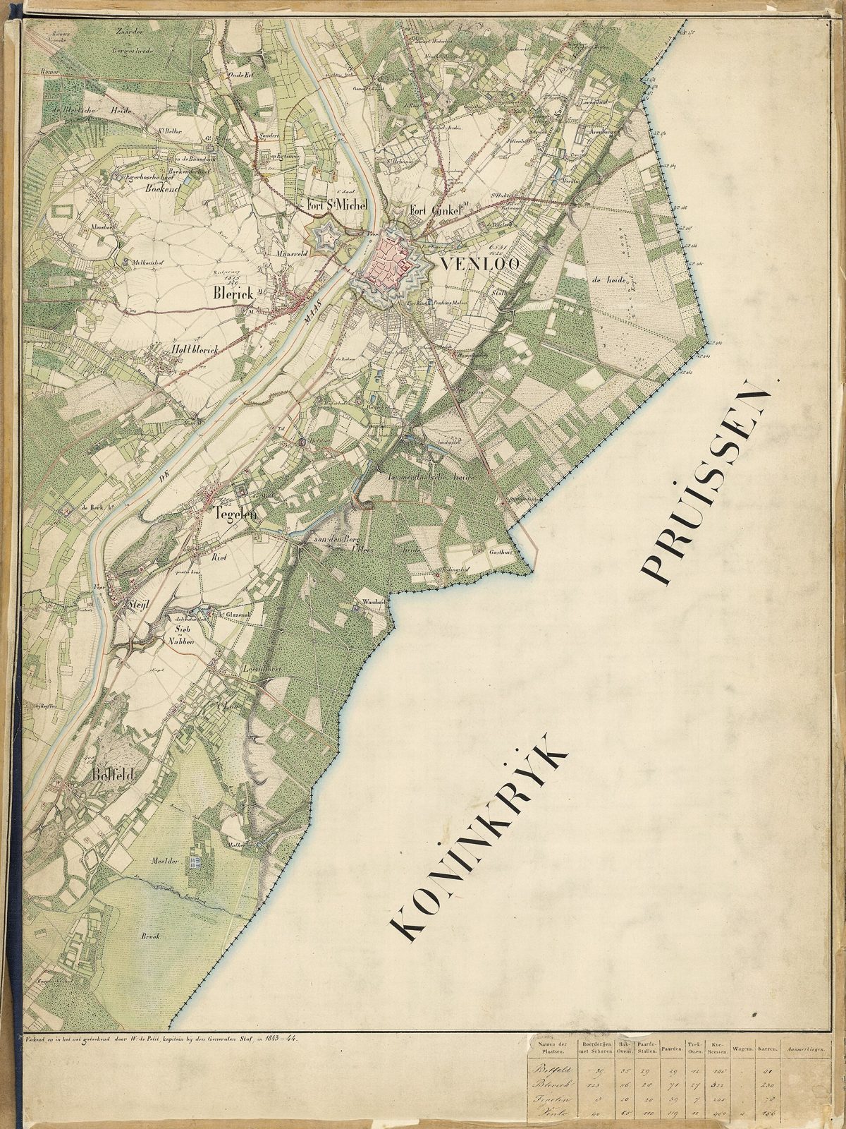 Kaart uit 1843 van Venlo en omliggende dorpen: Blerick, Hout-Blerick, Boekend, Fort St. Michel, Tegelen en de grens met Pruisen.