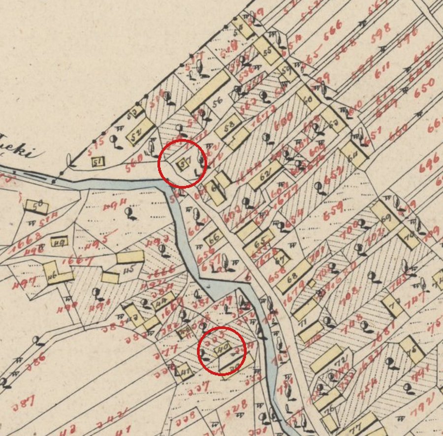 Kadasterkaart van Wokowice uit 1847 met de huizen 57 en 40
